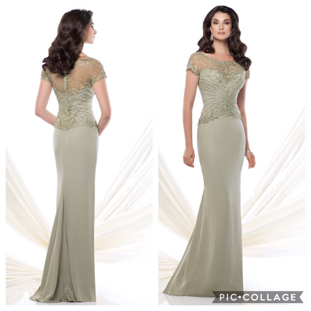 Montage coffee color by Mon Cheri cap sleeves long Gown